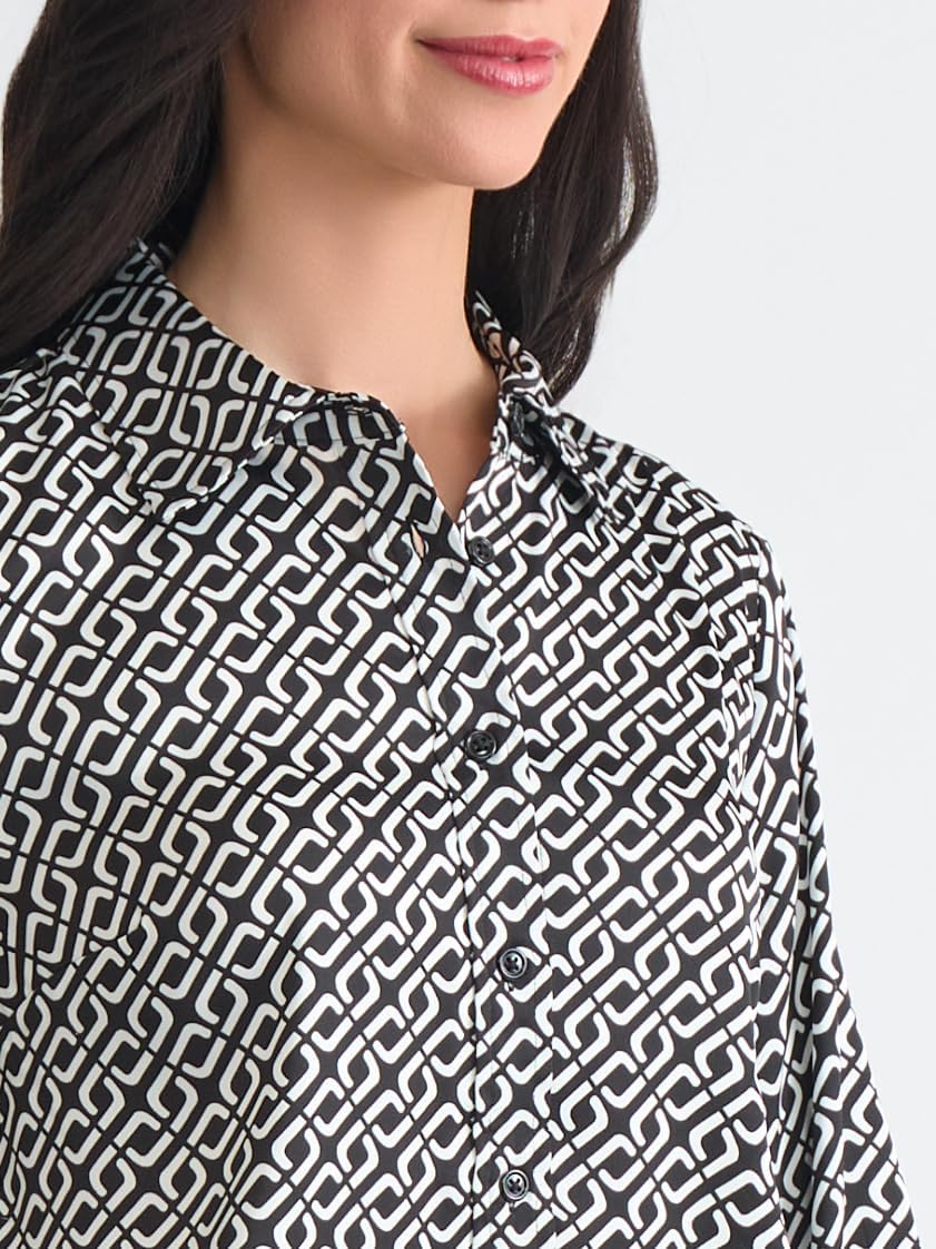 Kasper Womens Long Sleeve Geometric Print Satin Button-Down Shirt - Image 5