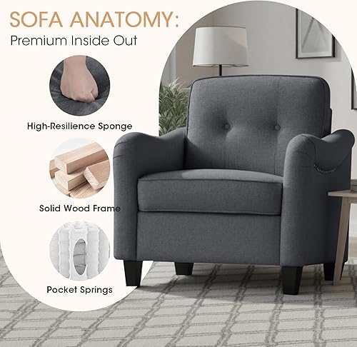 Miniatura 3 de Juego de muebles de sala de estar de 3 piezas, sofá de tres asientos y sofá biplaza, sillón Singel con ribete de cabeza de clavo, tapizado de lino