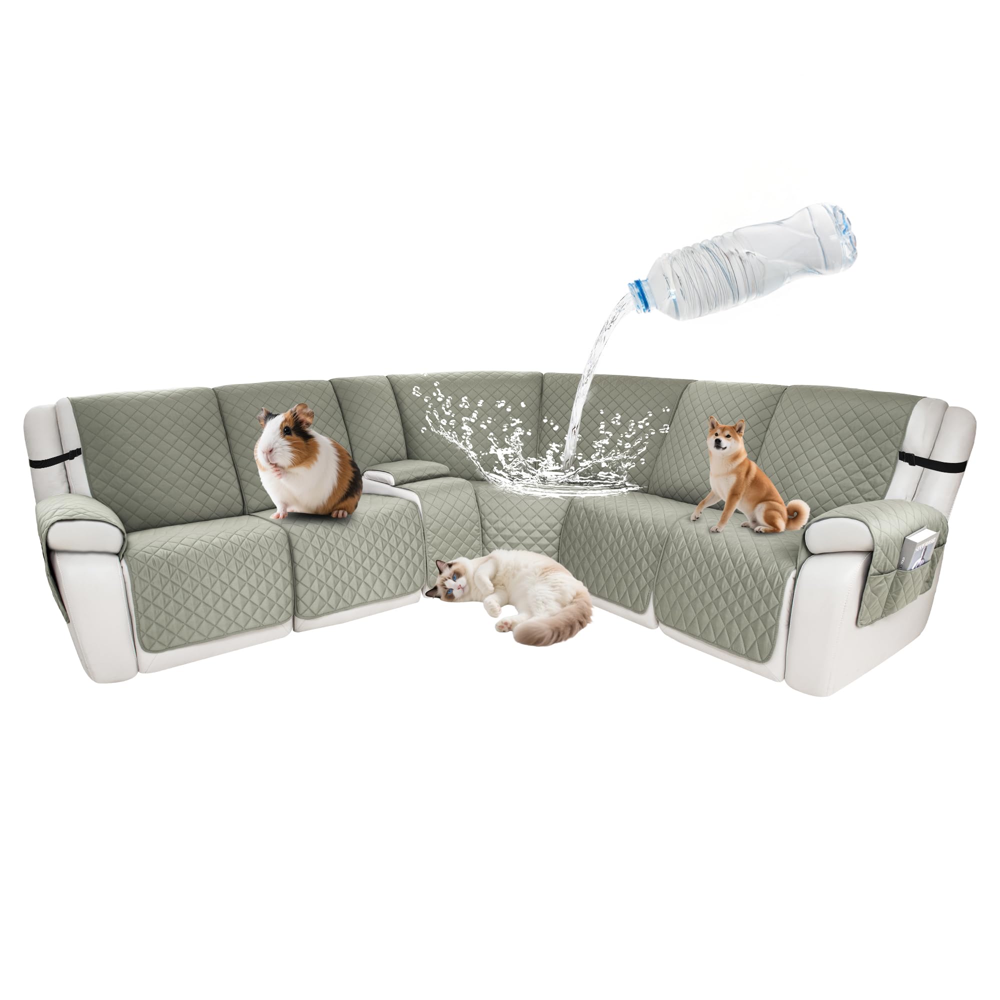 Waterproof Sectional Reclining Couch Covers L Shaped Recliner Sectional Sofa Cover 8 Piece Non Slip Washable Corner Recliner Slipcover Set for Pet Dog (5 Seater 1 Console Cover, Taupe)