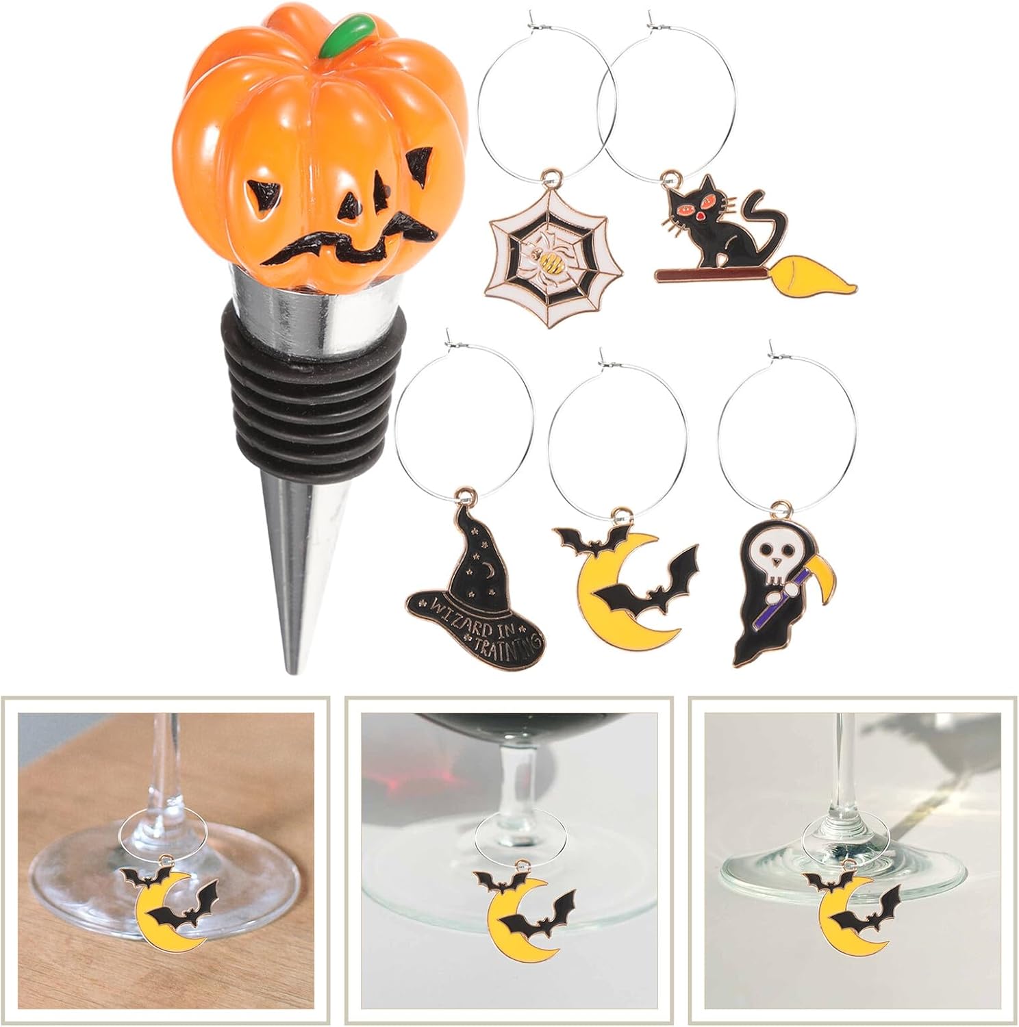 HEMOTON Wear-resistant Pumpkin Wine Stopper Set Zinc Alloy Party Sealing Plug with 5 Wine Glass Marker Rings for Halloween Bottle Accessories