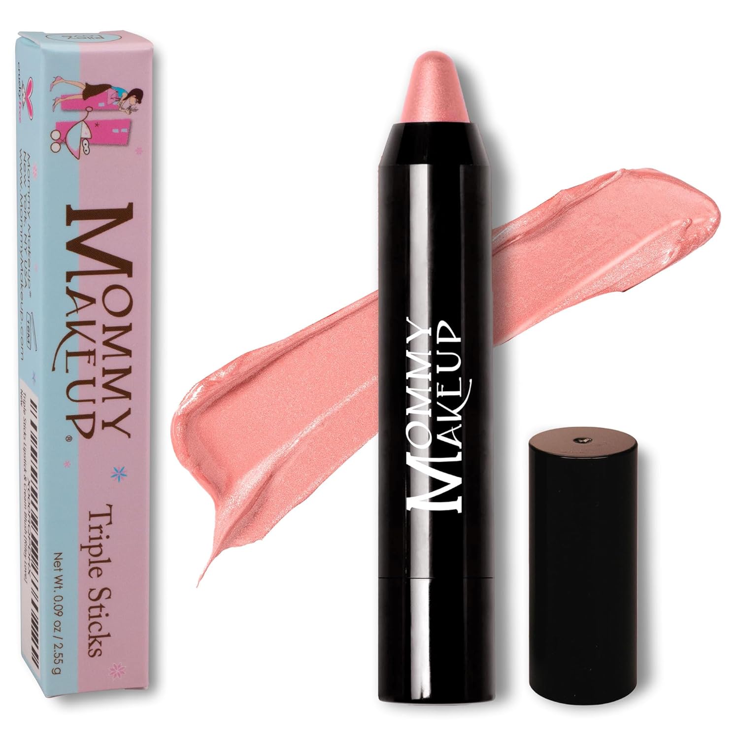 Mommy Makeup Triple Sticks Lipstick, Cream Blush & Treatment All-In-One with Shea & Cocoa Butter - Soft & Creamy Moisturizing Lip Crayon For Lips & Cheeks (Riley Love)