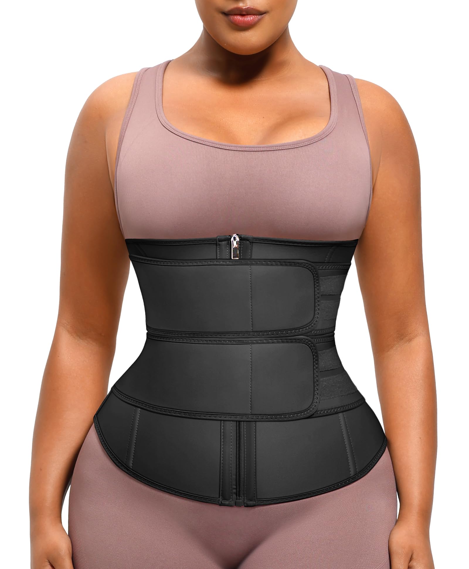 Photo 1 of FeelinGirl Waist Trainer for Women Long Torso Sauna Underbust Corset 2 Belts Zipper Workout Waist Trimmer Black S