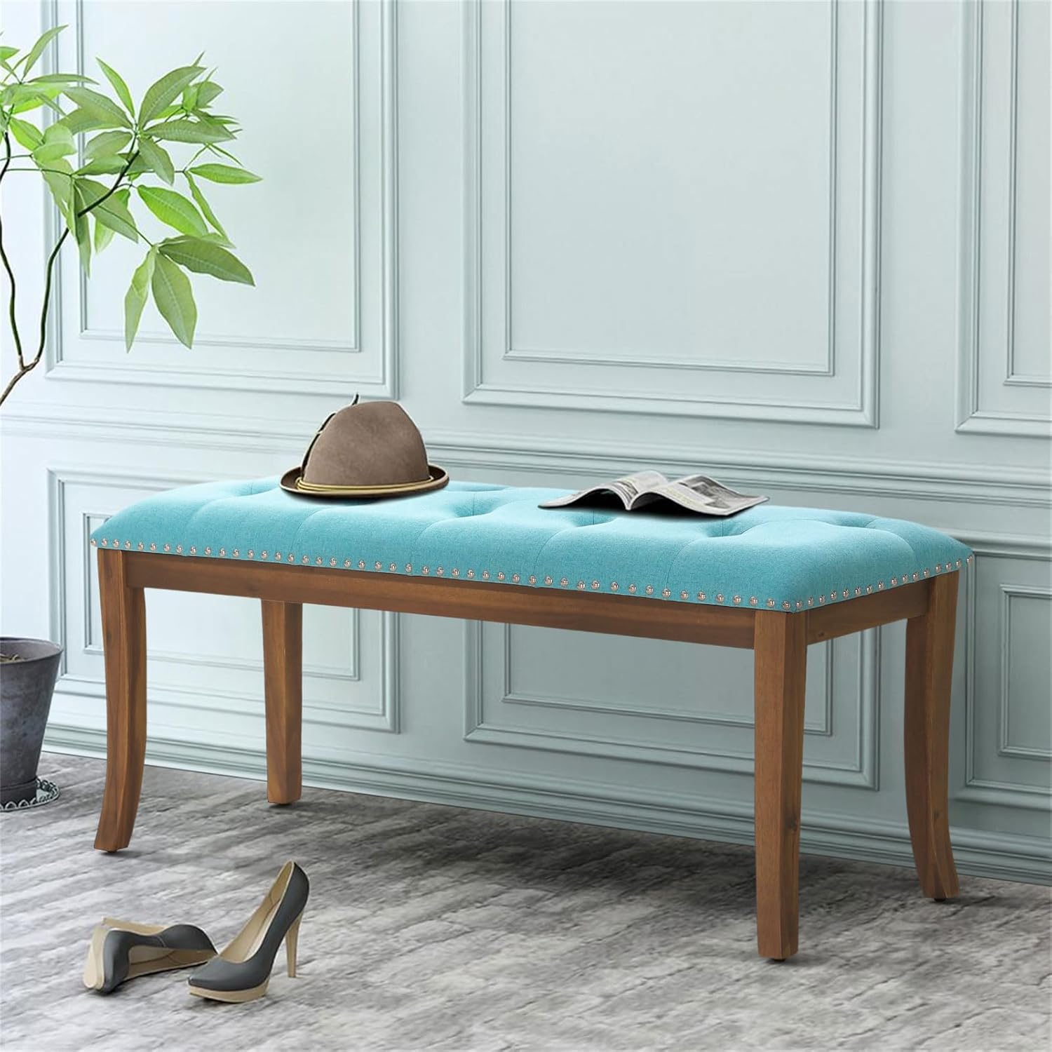 Sophia & William Clearance Entryway Bench, 44" Tufted End of Bed Bench, Upholstered Bedroom Bench,Padded Bench with Nailhead Trim & Solid Wood Legs,Blue