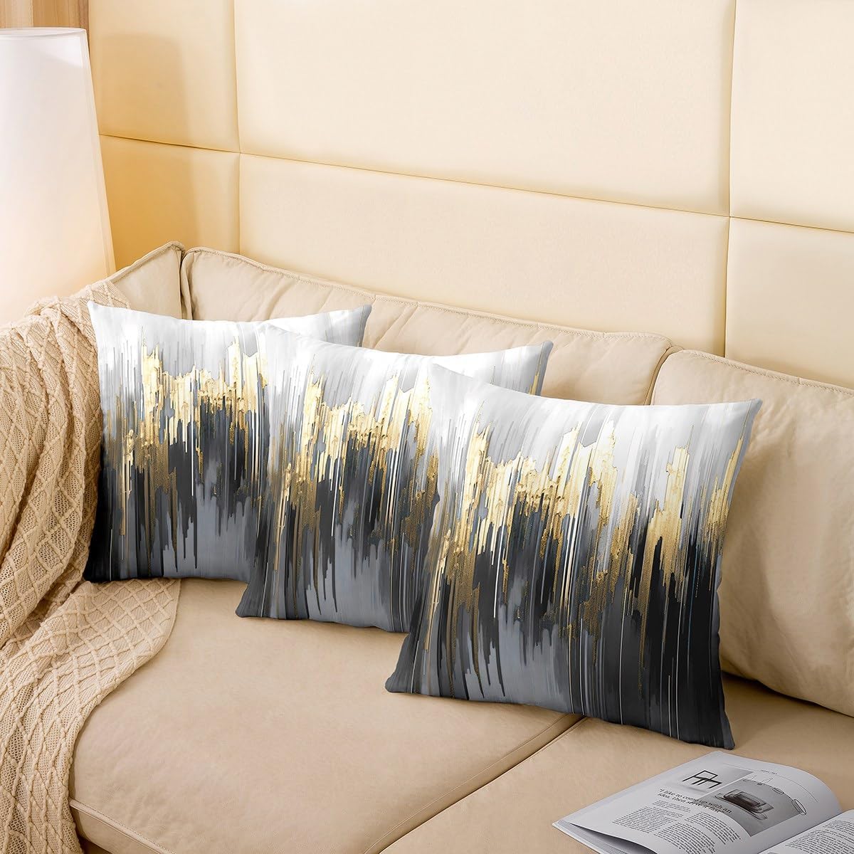 Erosebridal Set of 2 Abstract Art Pillow Covers Grey Gold Grey Throw Pillow Covers, Stripe Cushion Covers 24x24 Inch Golden Metallic Sequins Tie Dye Luxurious Modern Decorative Pillow Covers