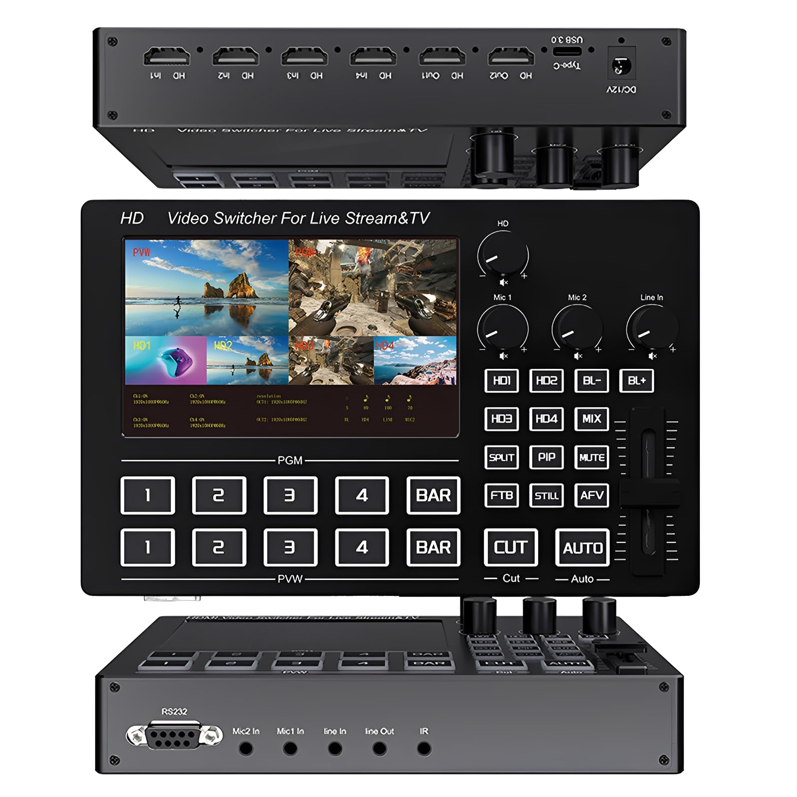 LICAEVEY Wideo 4K HDMI, 4-kanałowy Transmisji na żywo z Ekranem 5,5" i Sterowaniem PTZ, Mikser Wielu Kamer dla Twórców Treści Przesyłanych Strumieniowo (wtyczka UE)