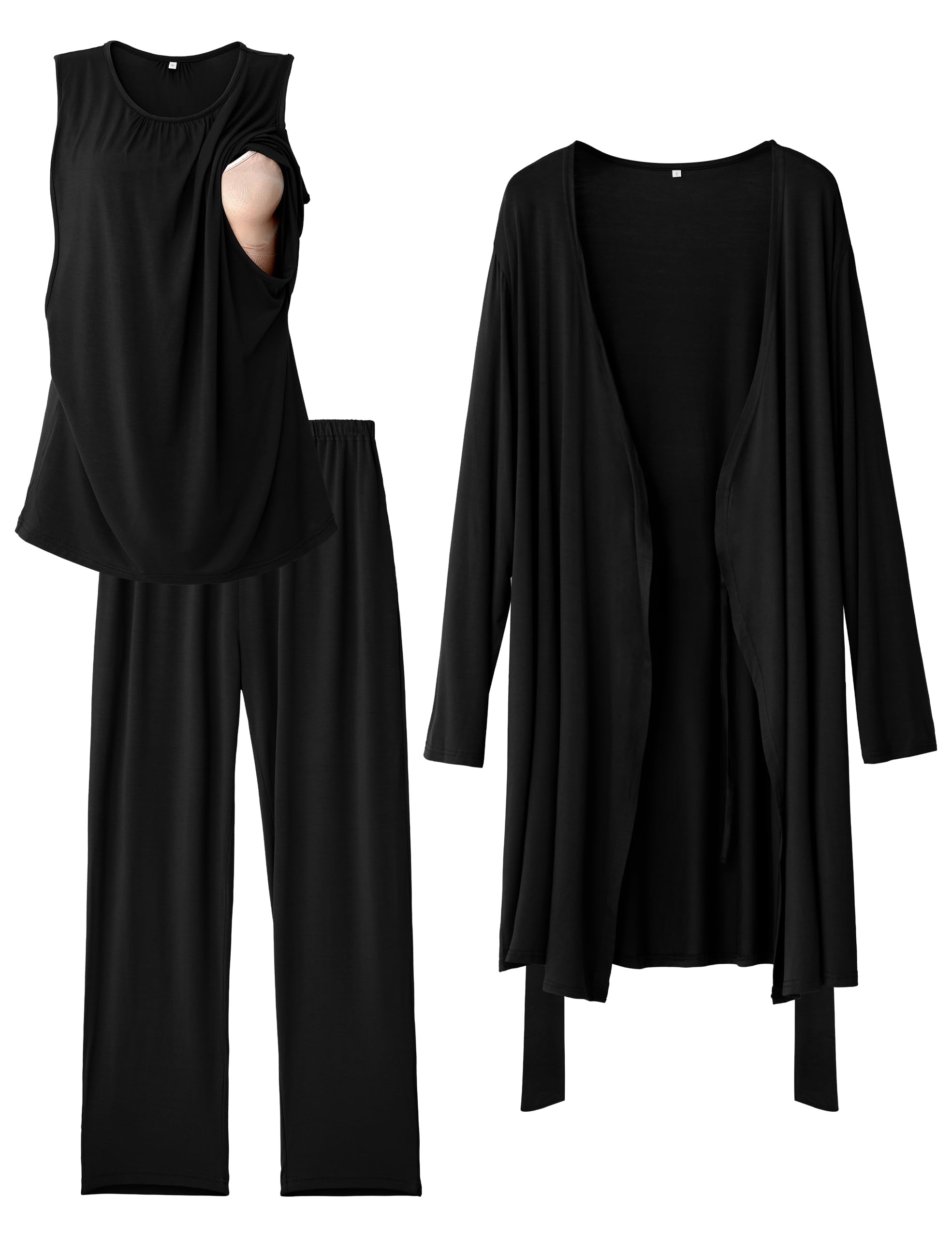 SUNNYBUY Pigiama da allattamento da donna, 3 pezzi, con top, pantaloni e vestaglia, ideale per gravidanza, letto settimanale e clinica