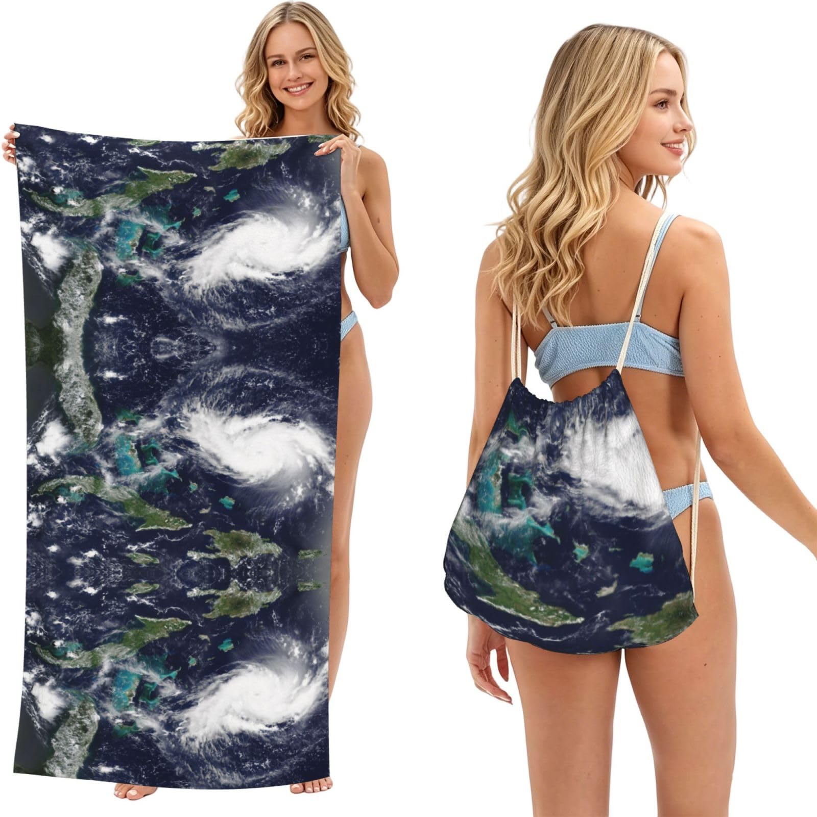 ESNAIUVCD Sea Print Beach Towel For Adults,Towel With Drawstring Bag, Travel Pool Swimming Sports Shower Sand Free Quick Dry Bath Towel For Pool, Beach, Yoga- 180x60cm