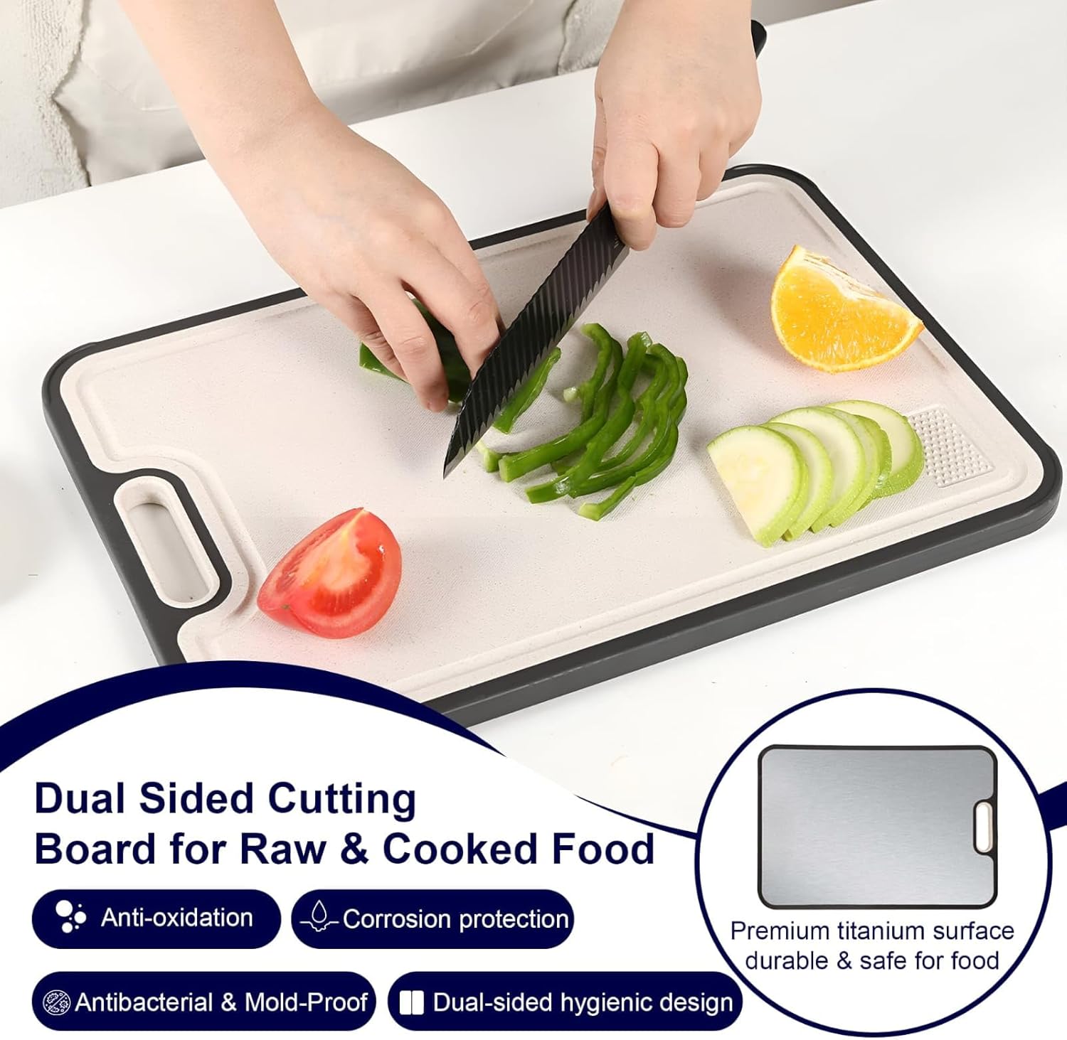 Titanium Cutting Board For Kitchen, Dual-Sided 2-In 1 Cutting Board, Durable Surface, Non Slip Base, Juice Groove, Easy to Clean, Lightweight Titanium And wheat straw PP Cutting Board 15.8”×10.5”