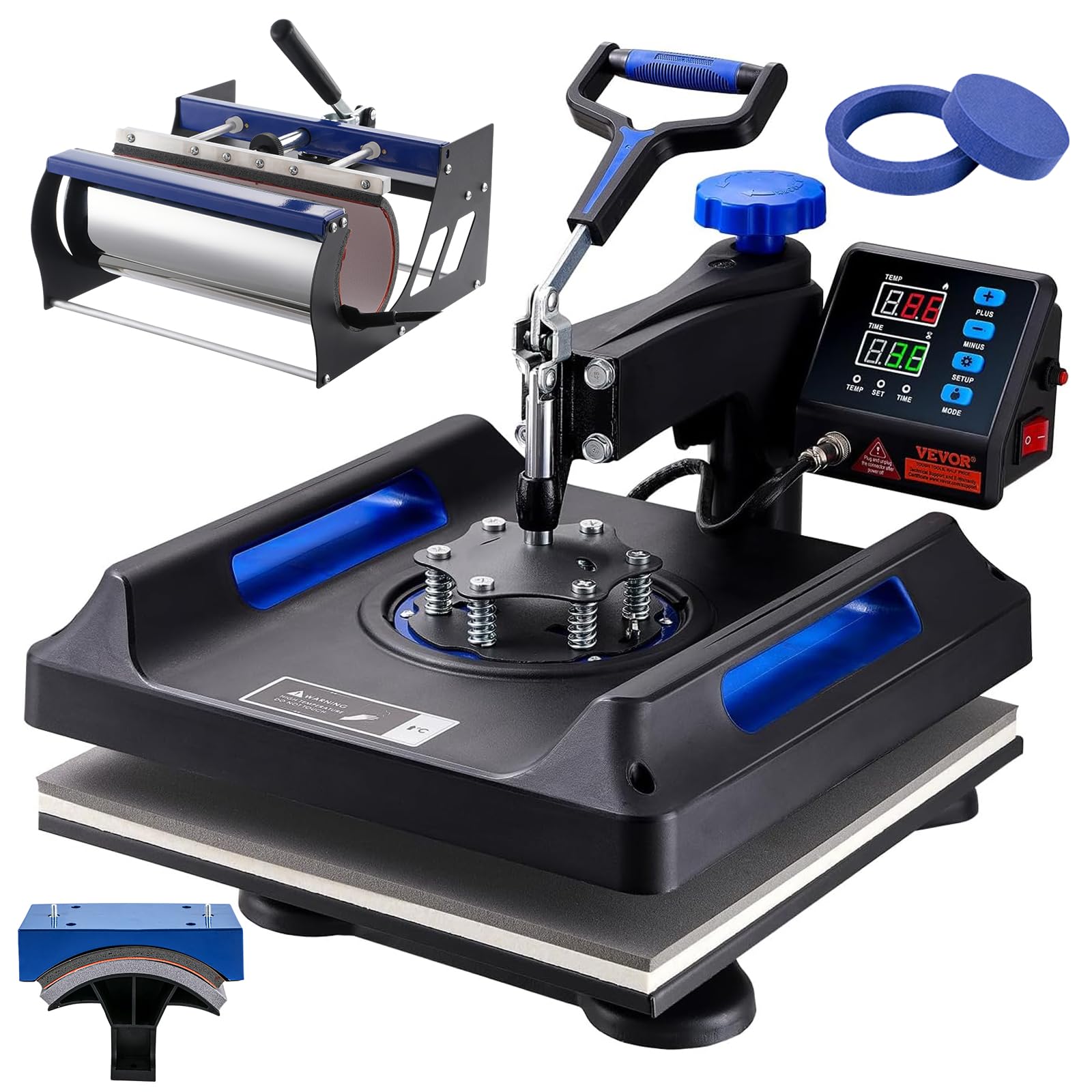 VEVOR5 in 1 Heat Press Machine, Heat Transfer Machine with 30 oz Tumbler Press, 15 x 15 inch, 360° Swing Away T-Shirt Pressing, Fast Even Heating, for T-Shirts/Mugs/Plates/Hats, Black+Blue