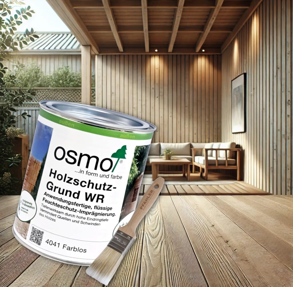 OSMO. Holzschutz-Grund WR 4041 Farblos 0,75L – Holz Imprägnierung für Außenholz, schützt vor Feuchtigkeit, geruchsarm, inkl. PFAHLER Flächenstreicher