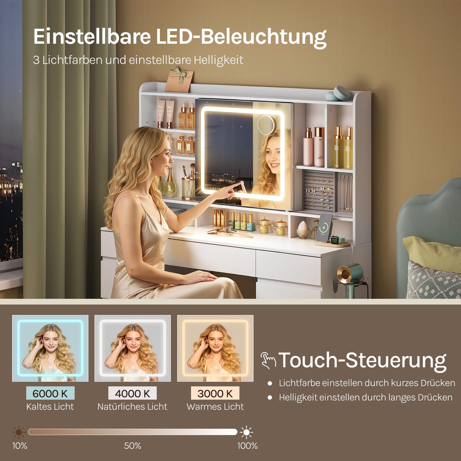 WOLTU Schminktisch mit LED-Beleuchtung und Steckdose, einstellbare Helligkeit, Großer Schminktisch mit Verschiebbarer Spiegel, 9 Schubladen, 11 Ablagen, 1 Schmuckfach, für Schlafzimmer, Holz, Weiß