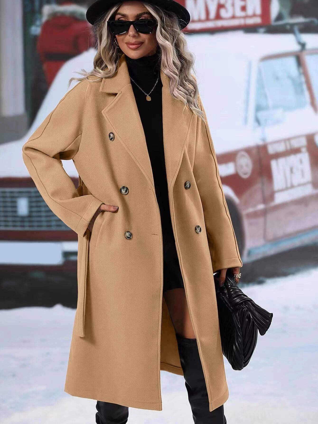Cappotto lungo da donna in lana con risvolto dentellato Trench doppiopetto Cappotto invernale caldo con cintura