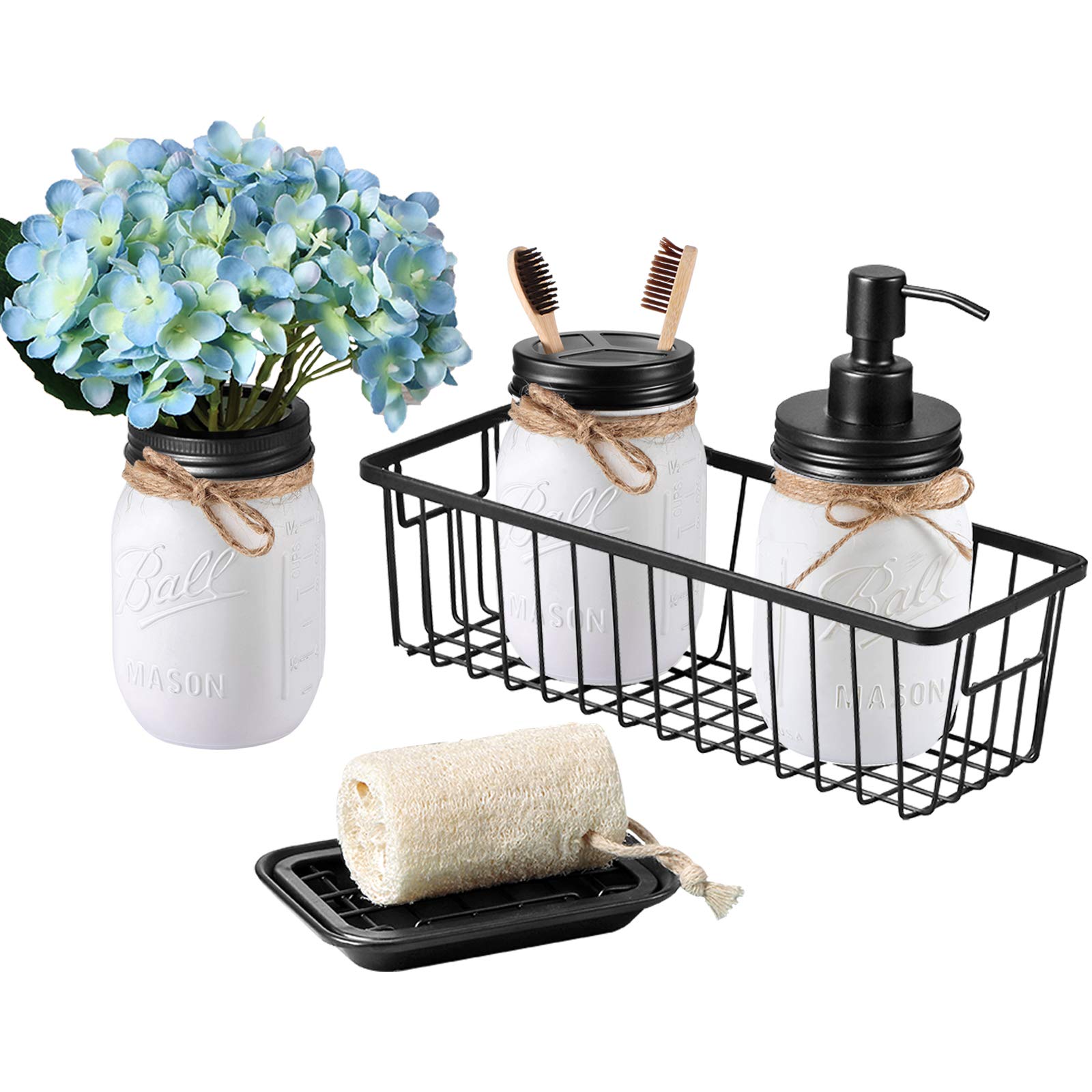 Mason Jar Bathroom Set（5 PCS）- Soap Dispenser, Toothbrush Holder & Flower Vase,Storage Organizer Basket & Soap Dish ,Vanity Organizer Bathroom Kitchen Farmhouse Décor (5, Black)