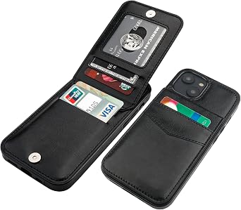 KIHUWEY for iPhone 14 Wallet Case Card Holder Kickstand, Black | Credit Card Slots, PU Leather, Magnetic Clasp, Flip Heavy Duty Protection Cover for Men and Women