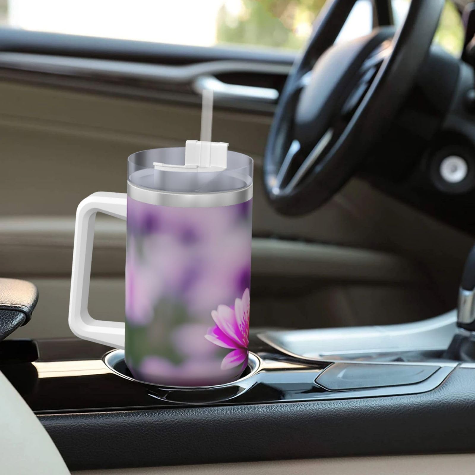 Trinkflasche aus Edelstahl, doppelwandig, isoliert, mit Griff und Strohhalm-Deckel, 1,2 l, Pink Flower Purple Butterfly 1