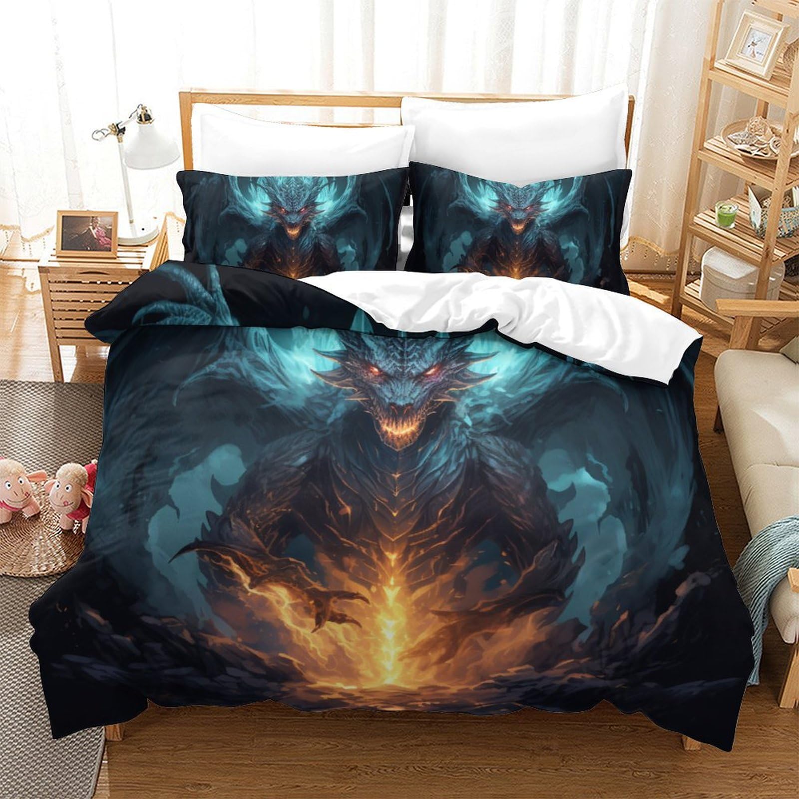 Housse de couette dragon zippée 220x240 en microfibre pour un lit sans plis