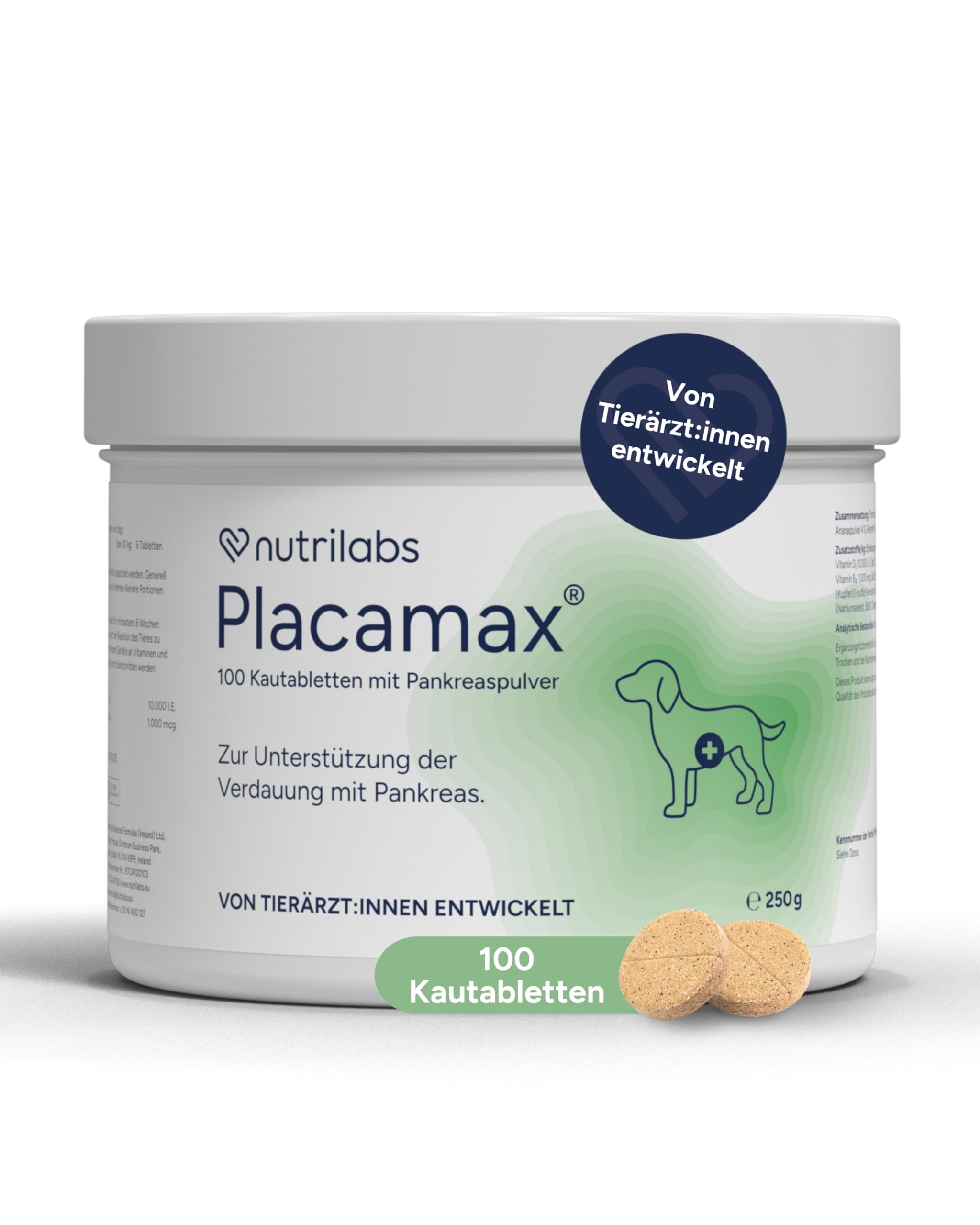 NutriLabs Placamax® Tabletten für Hunde 100 Stk. - Tabletten für Verdauung mit Ananaspulver, Vitamine, Pankreaspulver etc. - Gesundheitsprodukte für Hunde - Nahrungsergänzungsmittel Hund
