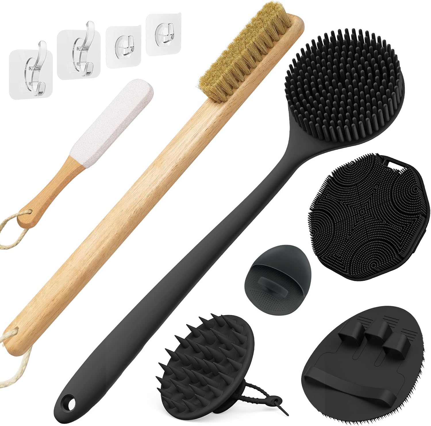 Manmihealth Silicone Back Scrubber & Soft Shower Brush, Silicone Scalp Massager, Wooden Foot Files Brush Set 7 PCS, Whole Body Scrubber & Shampoo Brush Combination, with 4 Free Hooks (Style 2 Black)