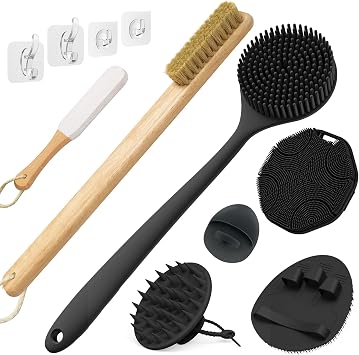 Manmihealth Silicone Back Scrubber & Soft Shower Brush, Silicone Scalp Massager, Wooden Foot Files Brush Set 7 PCS, Whole Body Scrubber & Shampoo Brush Combination, with 4 Free Hooks Style 2 Black