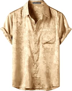 PARKLEES Herrenhemd, Seidensatin, glänzend, Jacquard, Sommer, kurzärmelig, luxuriös, Freizeit, Blumenmuster, Button-Down-Shirt