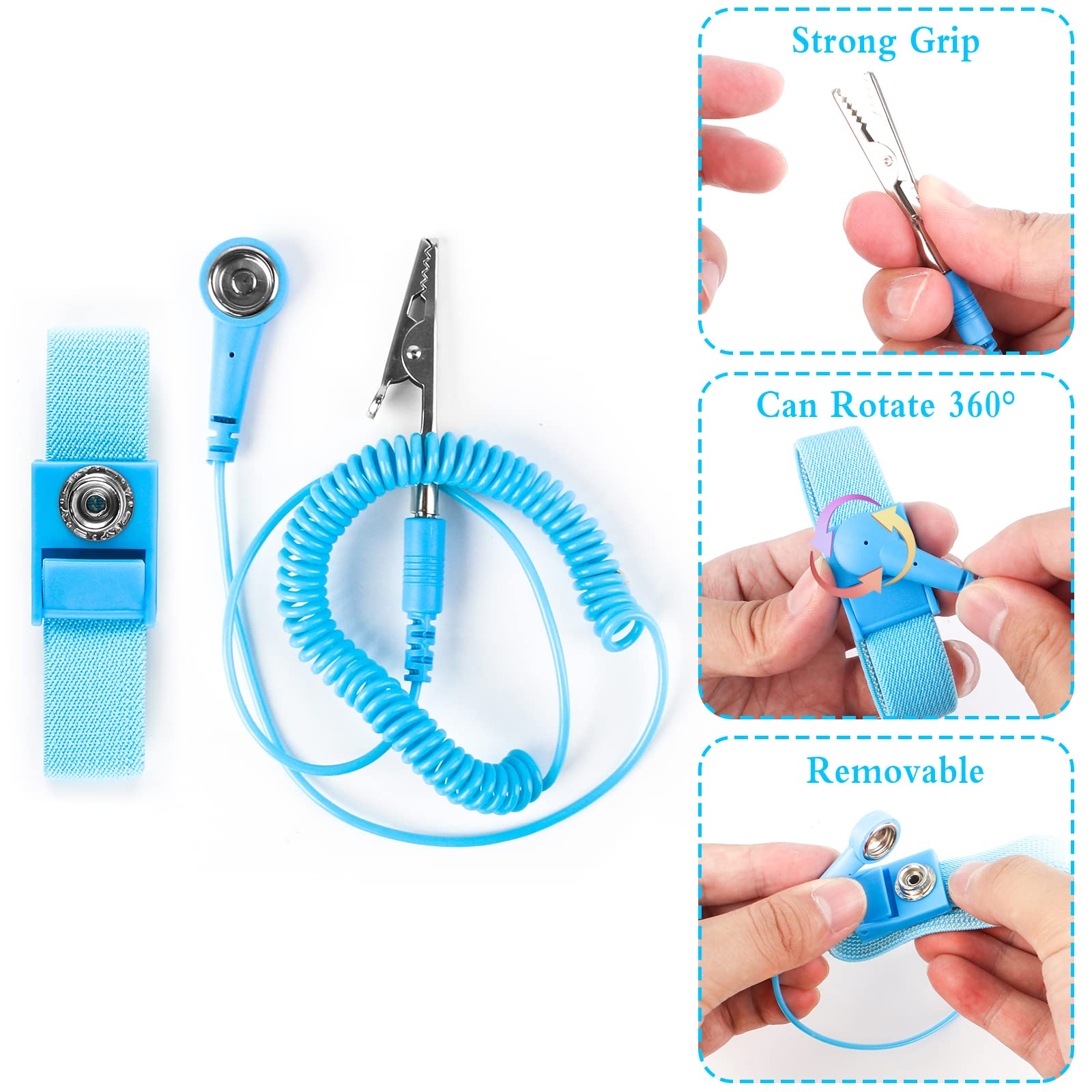 6 Pezzi Braccialetti Antistatici Bracciale Antistatico con Cinturino Anti Elettricità Statica Cinturino da Polso Antistatico con Cavo a Terra e Clip a Coccodrillo Blu