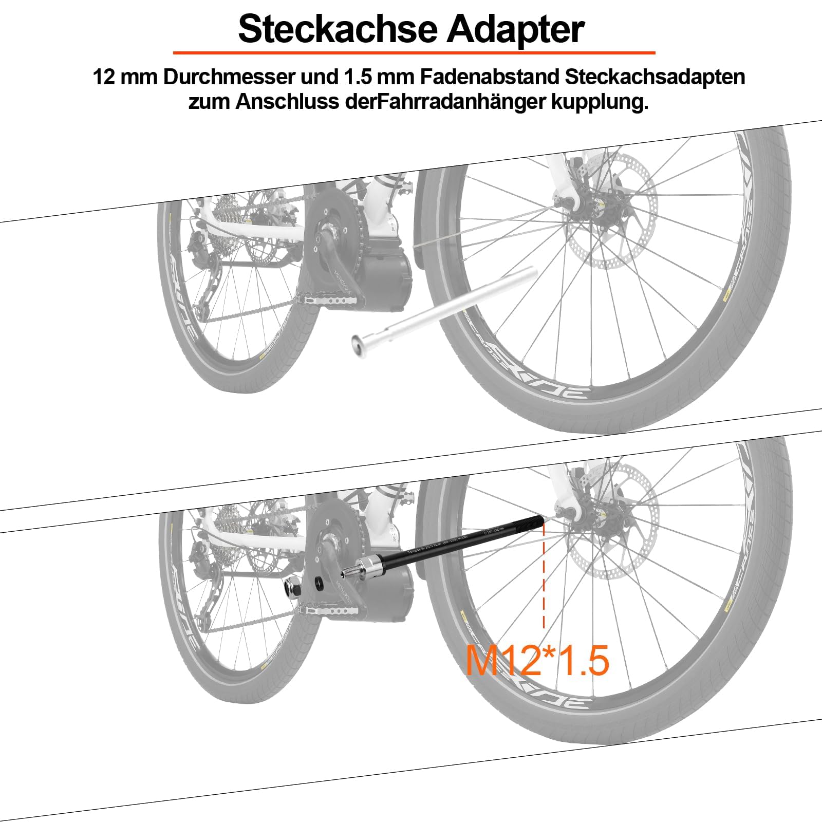 Steckachse Fahrradanhänger, M12 160-178 mm Steckachse, Fahrradanhänger Kupplung, Steckachse kompatibel mit den meisten Fahrradanhänger kupplungen