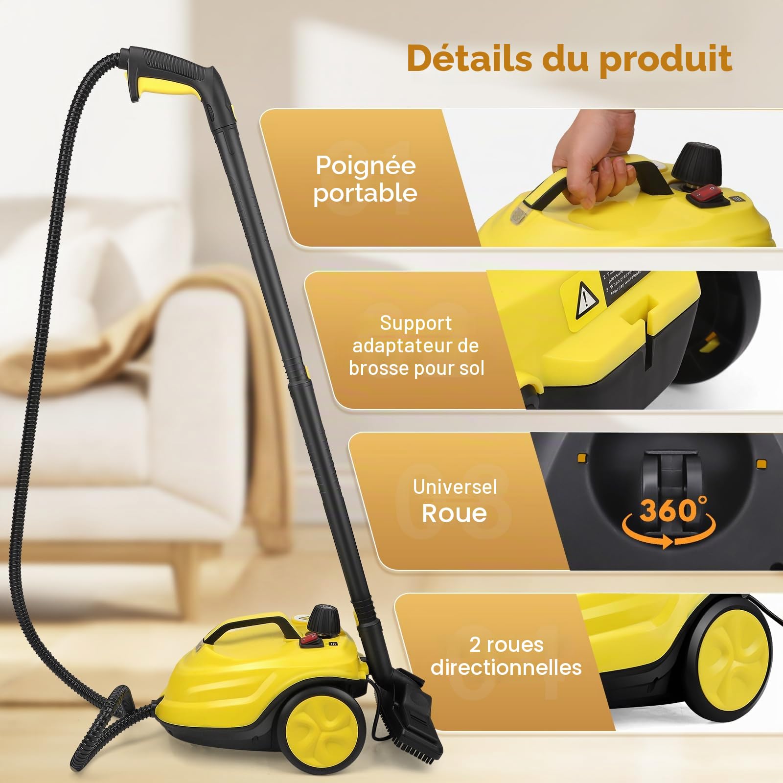 Nettoyeur Vapeur, Haute Pression Nettoyeur Vaporisateur : 5 Bar, 2000W, 2L, Haute Température Puissant Balai Vapeur, Élimine Graisses, Taches, Pour Salon, Cuisine, Salle de Bain