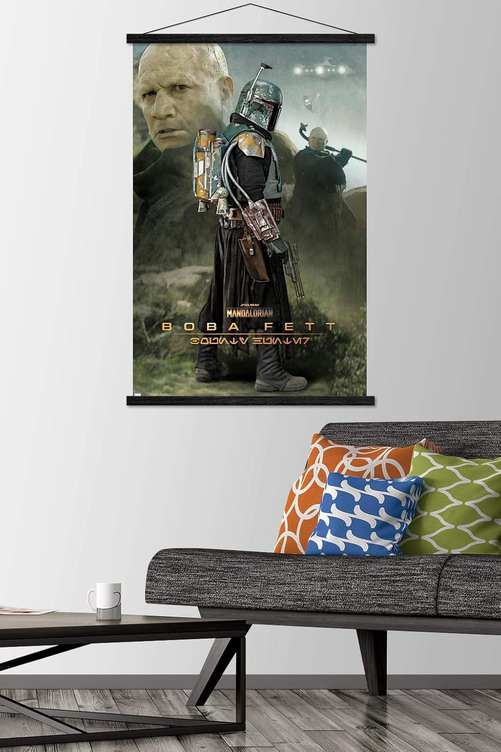 Trends International Star Wars: The Mandalorian Season 2-Boba Fett Wall Poster with Magnetic Frame, 22.375" x 34", Print and Black Hanger Bundle