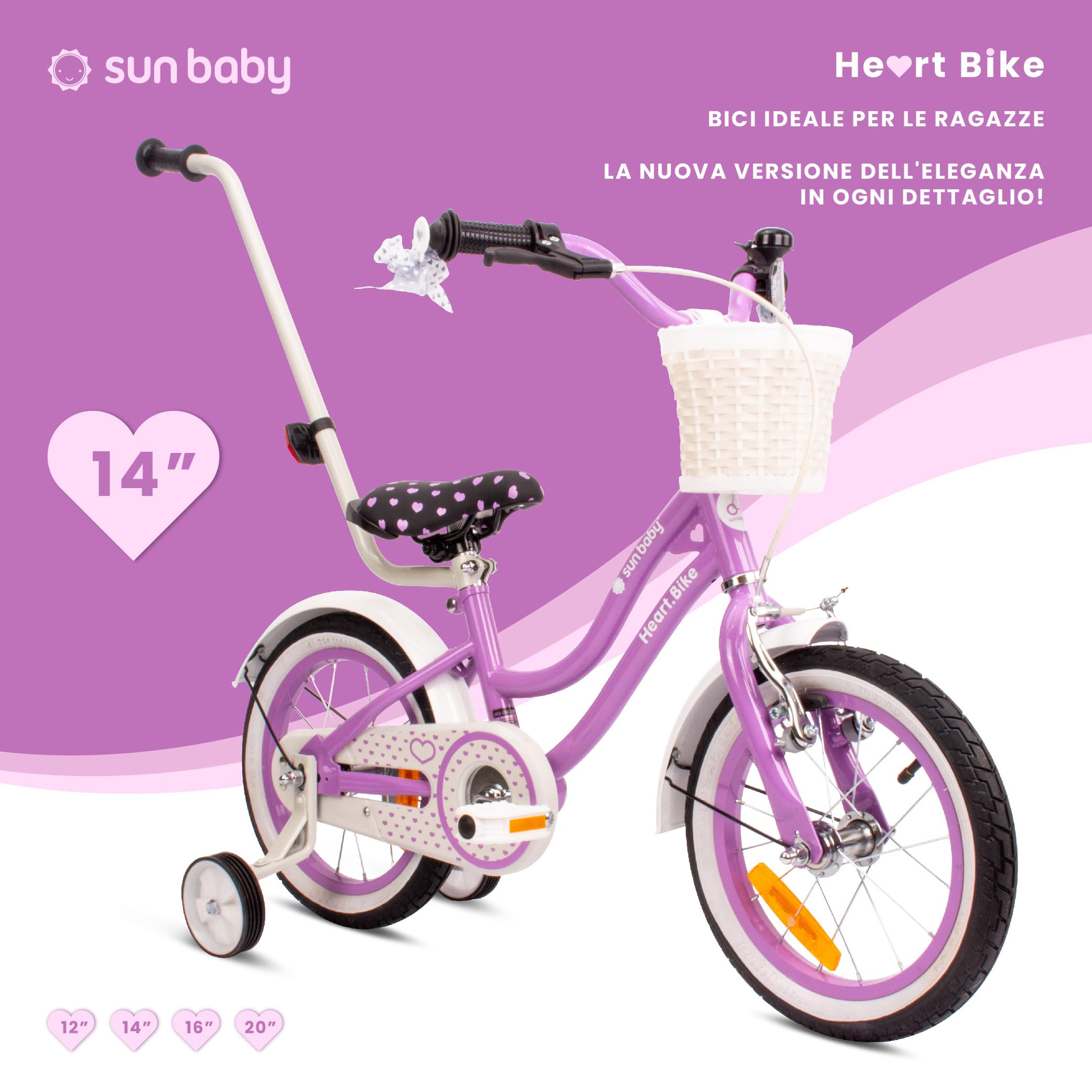 Sun Baby Heart Bike Bicicletta bambina 12/14/16 pollici, bici con rotelle, barra di spinta, cestino, campanello