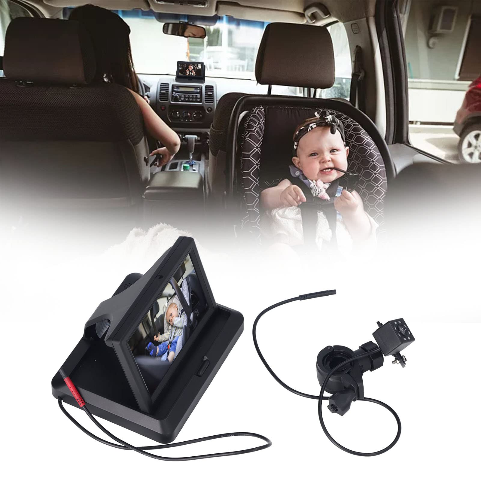 Monitor de coche para bebé Cámara del asiento trasero Espejo del asiento trasero Ángulo de visión de 140 ° Monitor de cámara de visión amplia clara y brillante ajustable con función de (5,0 pulgadas)
