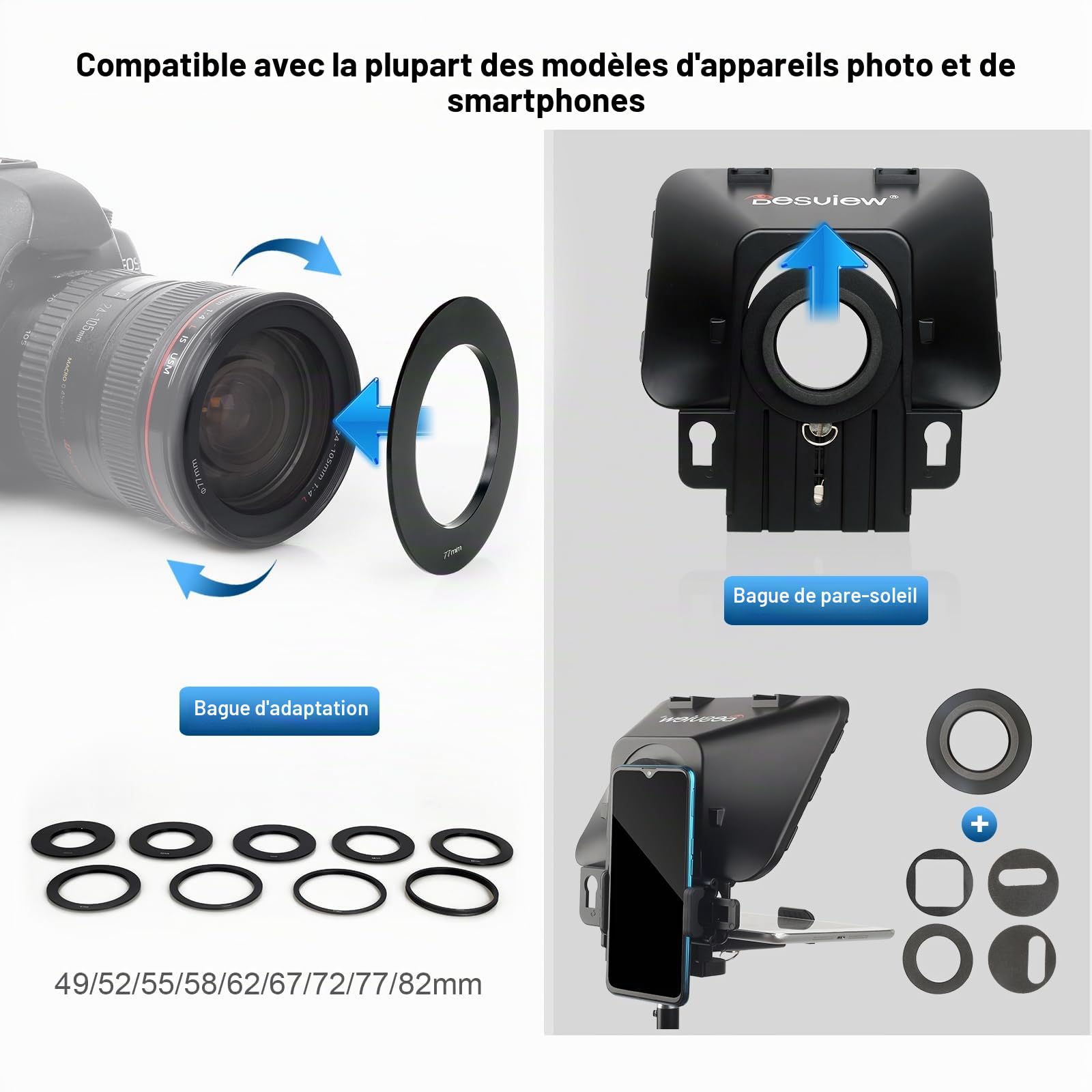 Desview T3 Téléprompteur avec télécommande pour smartphone, tablette, appareil photo reflex numérique, objectif grand angle jusqu'à 11 pouces, application compatible iOS/Android pour l'interview VLOG