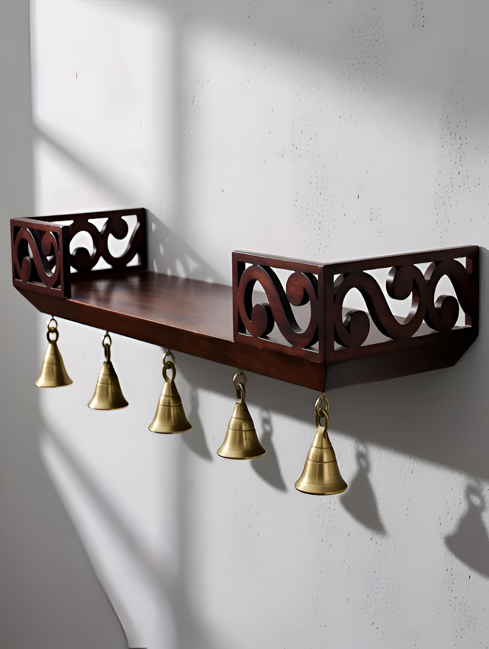 Wooden Wall Shelf with Bells, Traditional Indian Style, Rectangular, Painted Finish | Mandir wall Shelf for Home and Office (Brown)-image-8