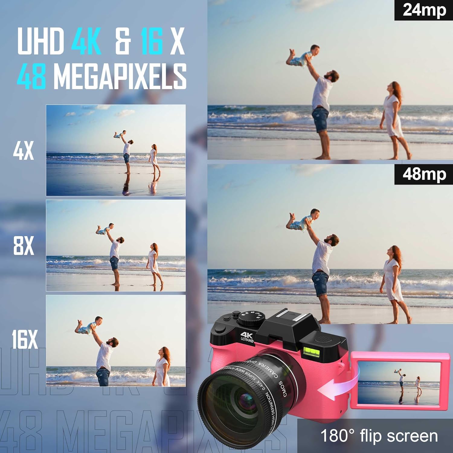 Digital Camera, 4K 48MP Cameras for Photography, 180° Flip Screen Camera with 16X Digital Zoom and WiFi Auto-Focus Vlogging Camera for YouTube with 32GB TF Card. Wide-Angle & Macro Lens S100-ZXWM