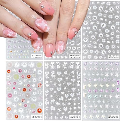 6 hojas de calcomanías de uñas translúcidas con forma de corazón de estrella, suministros de arte de uñas autoadhesivas 3D, calcomanías de uñas