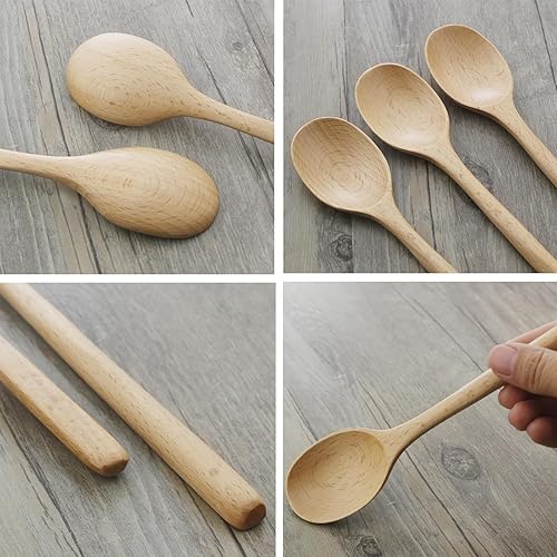 Miniatura 4 de Cucharas de madera, 6 cucharas de sopa de madera de 9 pulgadas para comer, mezclar, revolver, cuchara de mango largo con utensilio de cocina de