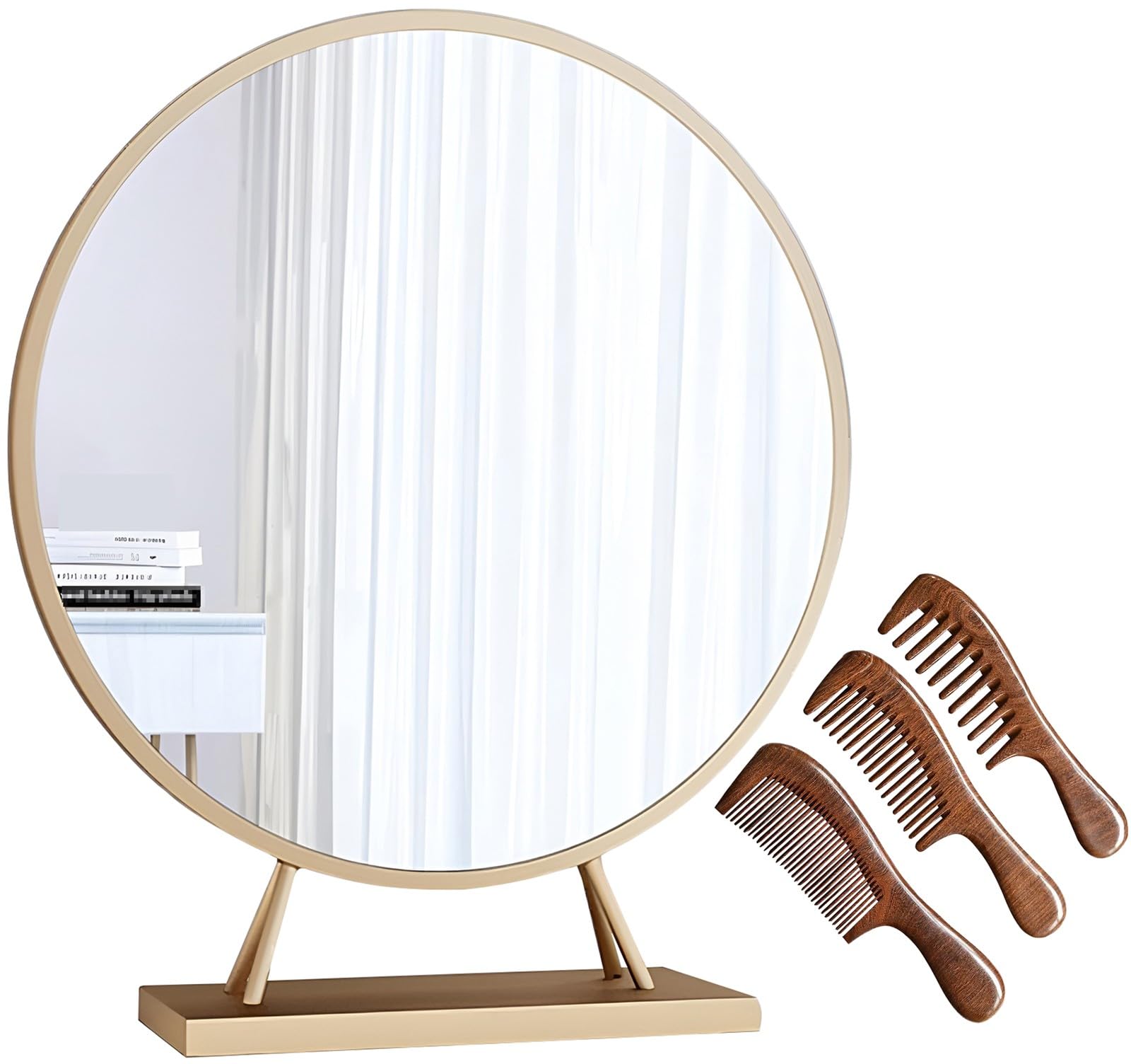 Specchio rotondo da bagno con supporto, grande specchio decorativo con cornice in metallo dorato (30 cm), perfetto per vestirsi e accessori di bellezza