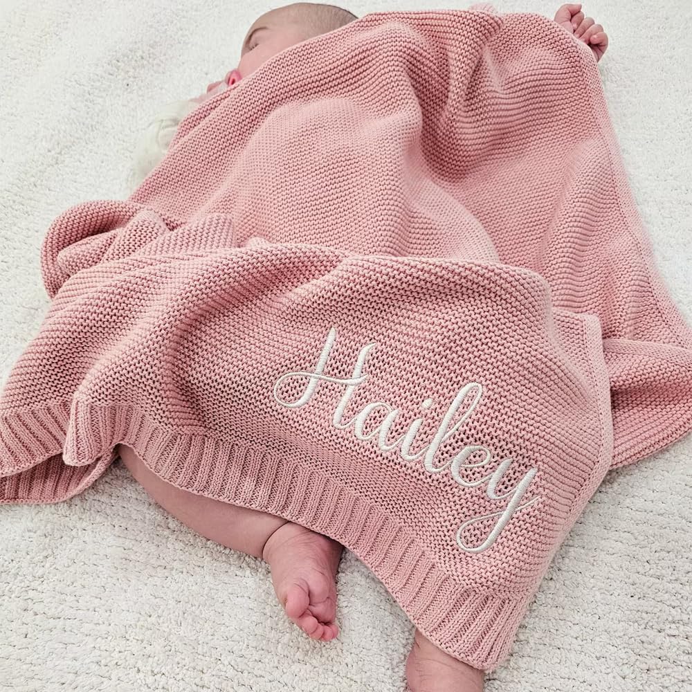 Embroidered Baby Blanket, Personalized Baby Blanket, Custom Knit, Gifts for Boy, Cozy Soft Cotton Knit Custom Name, Newborn Gifts, Birthday, Christmas