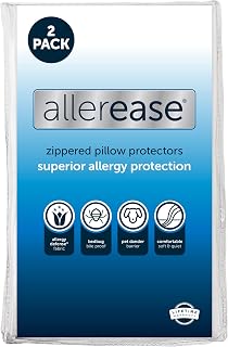AllerEase Set of 2 Standard/Queen Pillow Protectors - Allergy Defense, Moisture Wicking, Breathable Zippered Covers