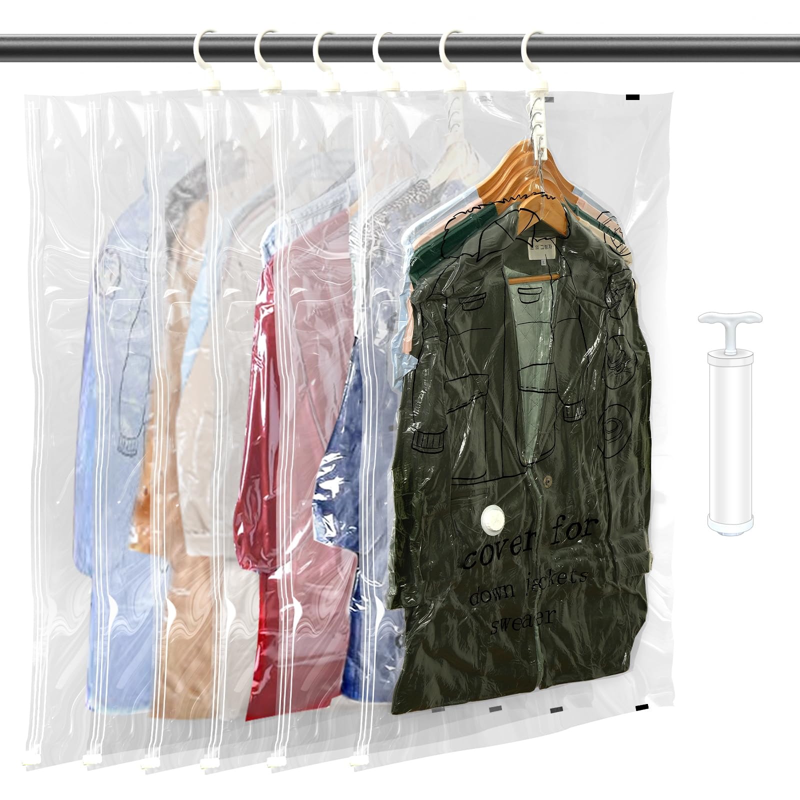6 pezzi Sacchetti sottovuoto vestiti da appendere - 70×110 cm buste sottovuoto vestiti - trasparenti e riutilizzabili, Copriabiti da Armadio per armadio, per cappotti, giacche e abiti