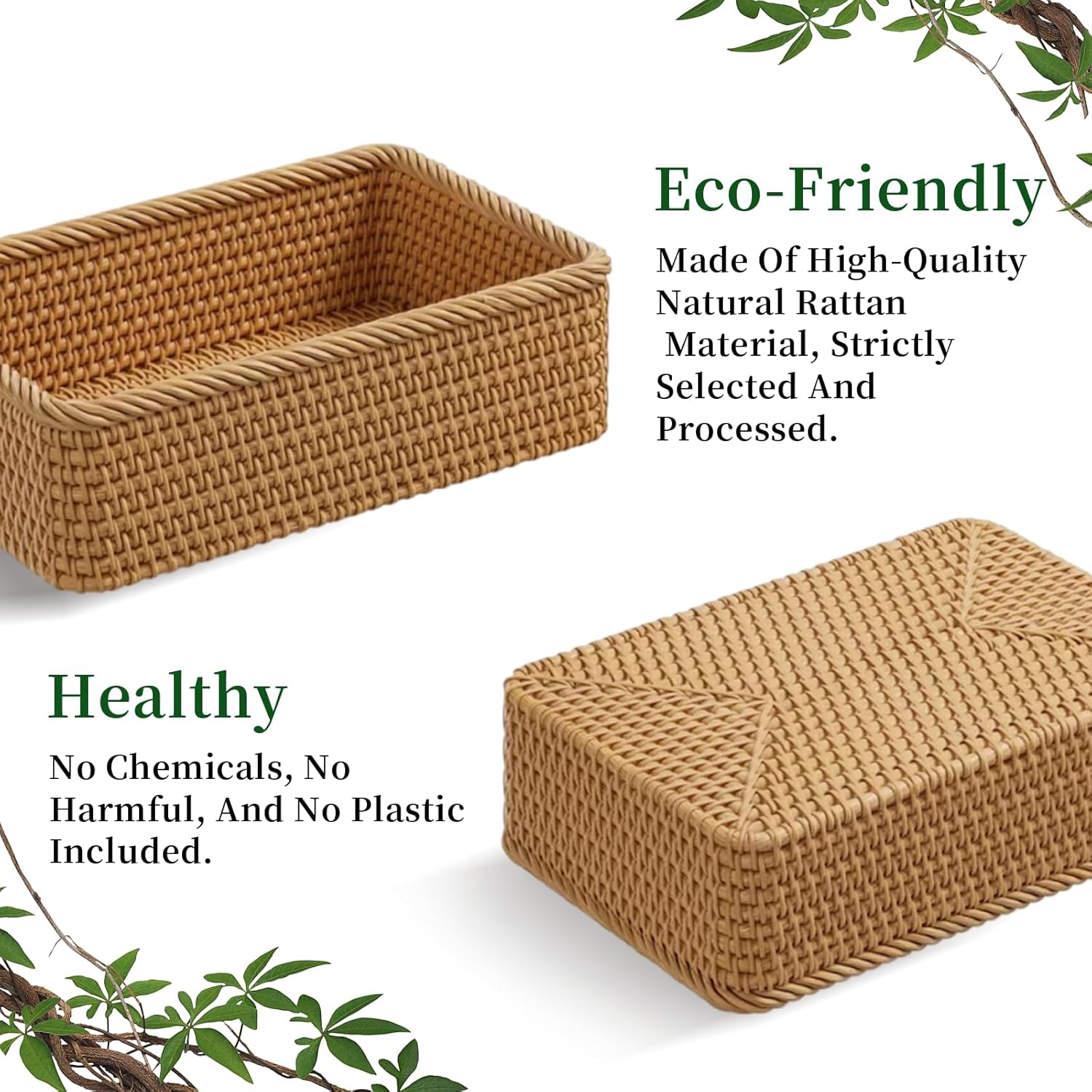 Rattan Storage Basket, 3 Pack Hand Woven Rectangular Fruit Baskets for Serving, Picnic Basket, Wicker Storage for the Living Room Kitchen (Honey Brown)