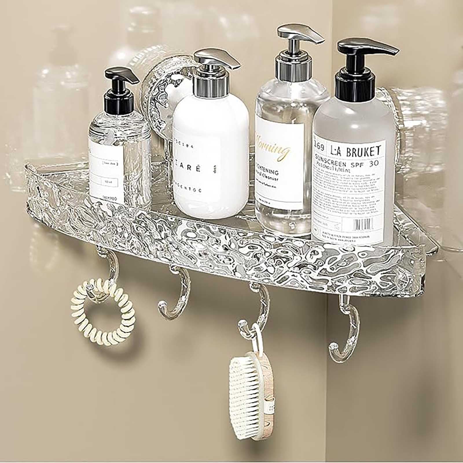 Tazweeq Corner Shower Caddy, Removable Suction Cup Shower Shelf, Bathroom Shower Organiser with Adhesive, with 4 Hooks (Clear)