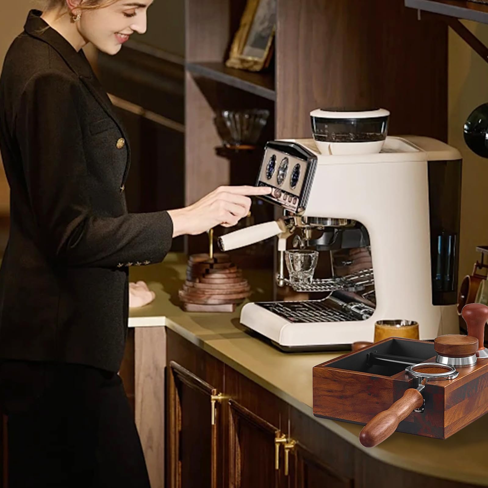Stacja tampera, stacja do espresso i pudełko na ubijki, tamper espresso, tamper do kawy, organizer na akcesoria do kawy, z rozdzielaczem sitka, akcesoria do krążka (58 mm)