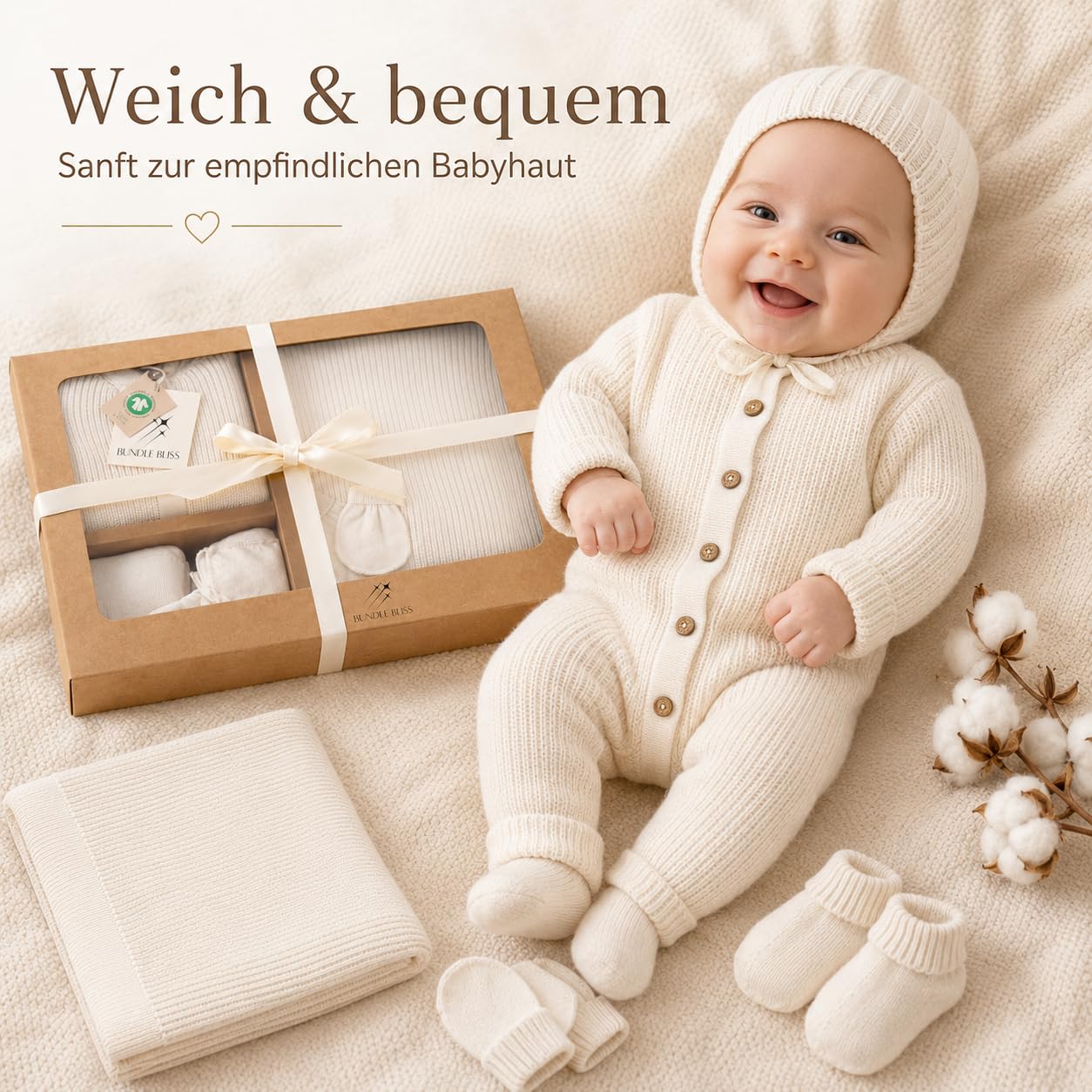 Bundle Bliss Zestaw upominkowy dla niemowląt ze 100% bawełny ekologicznej - śpioszki, koc, rękawiczki, czapka i buty | certyfikat GOTS | miękki, oddychający zestaw odzieży dla niemowląt i niemowląt (0