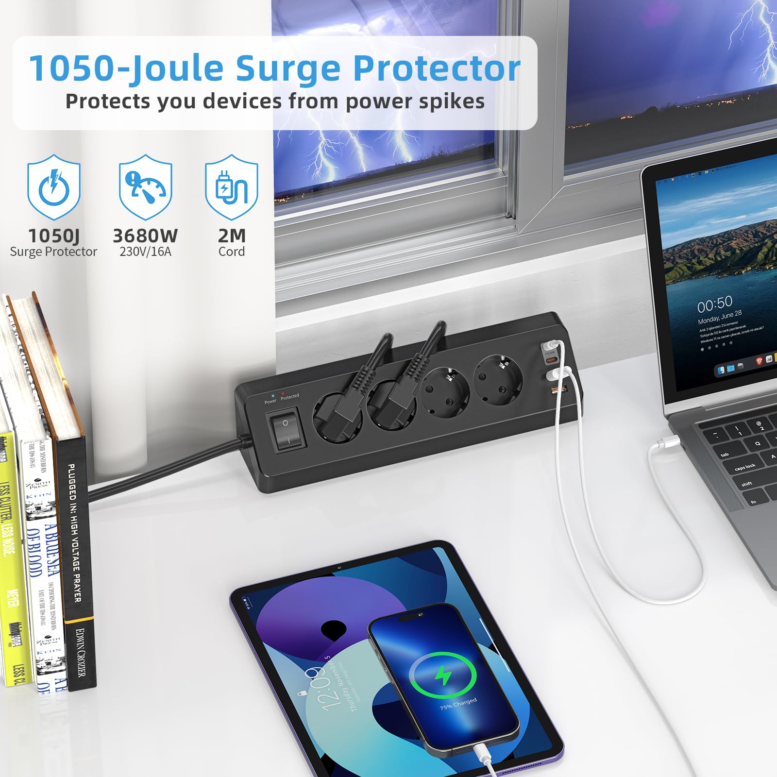 Gniazdo wtykowe stołowe z USB C (PD 20 W), listwa zasilająca 8 w 1, biurko z przełącznikiem, 4 wtyki, 4 gniazda USB, ochrona przed przepięciem, kabel 2 m, do domu, biura (czarne)