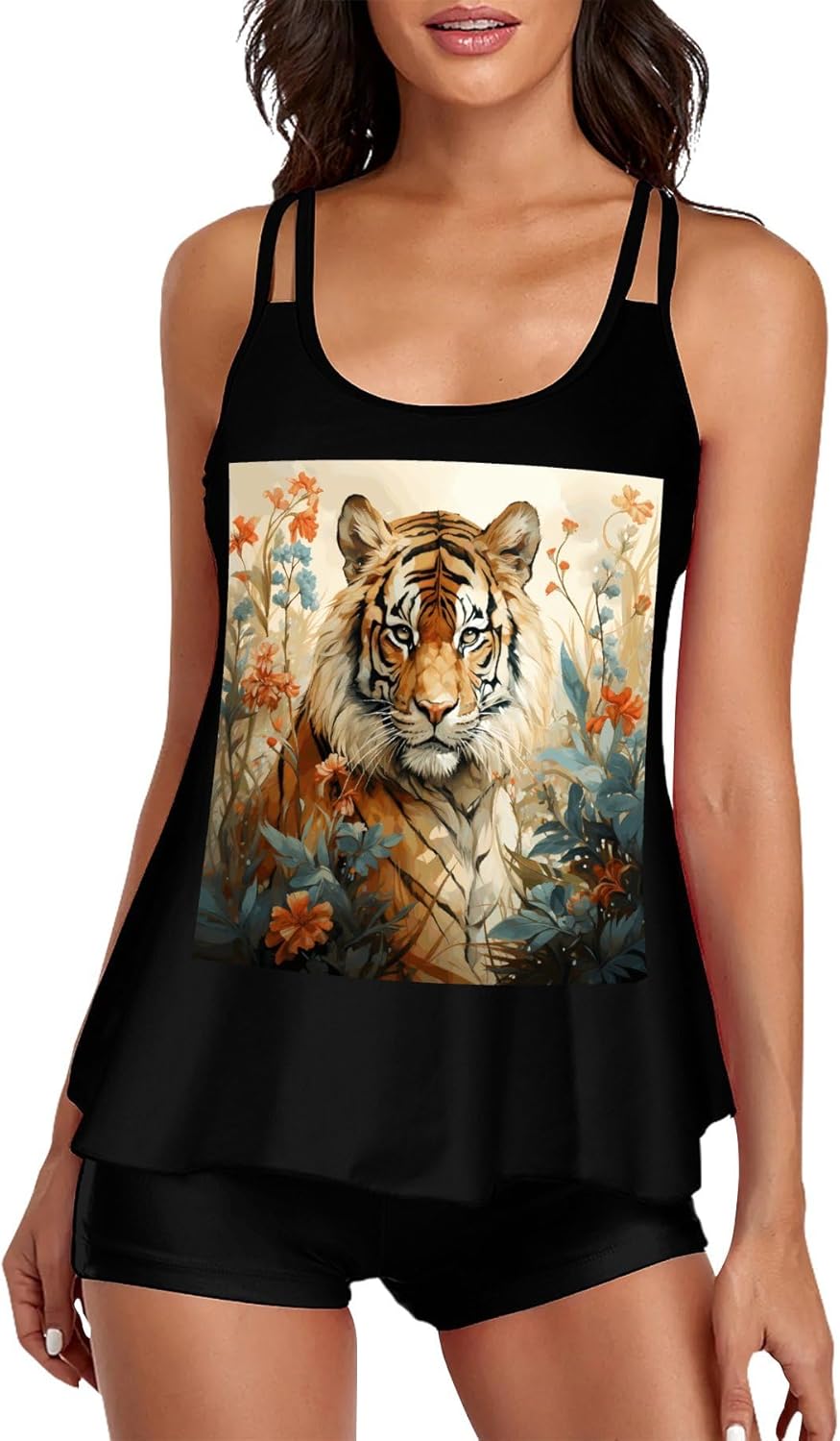 Watercolor Tiger Pattern Tankini Swimsuits for Women Tummy Control Two Piece Bathing Suits Swim Tops with Boy Shorts