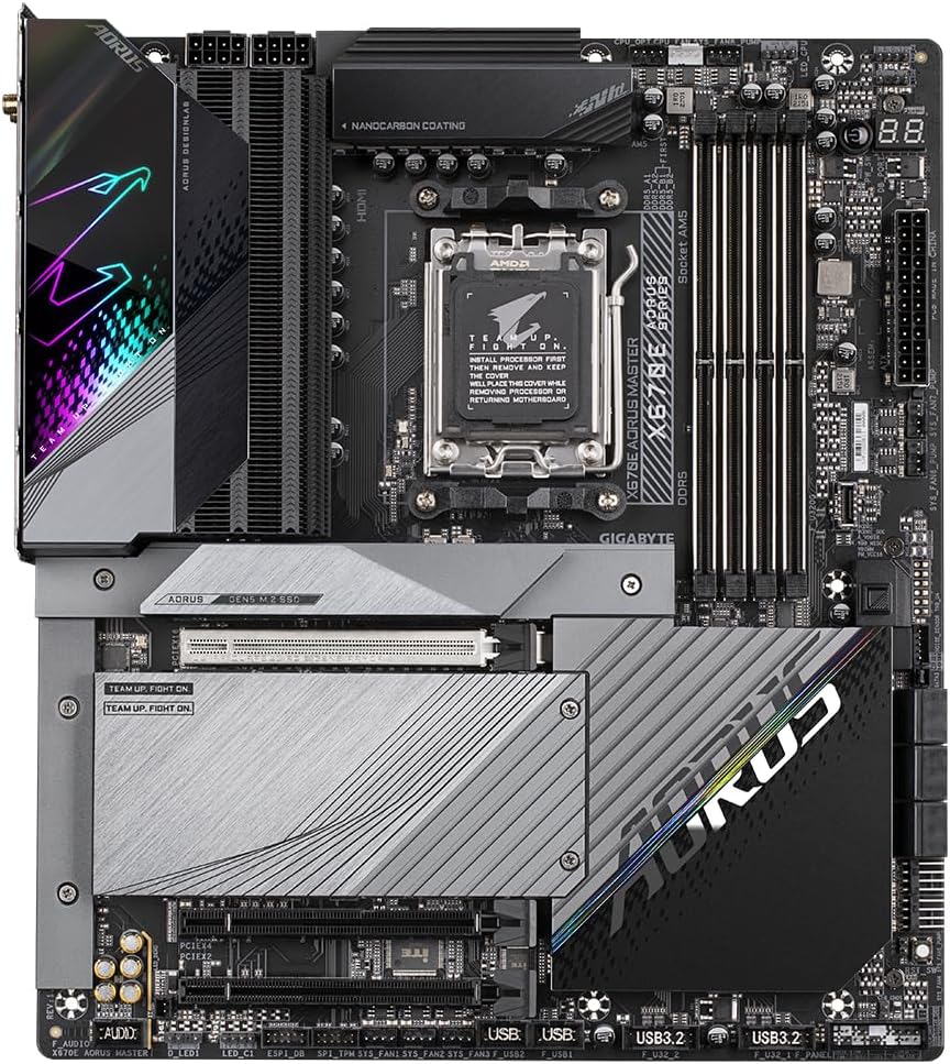 Top-down view of GIGABYTE X670E AORUS Master Motherboard showing CPU socket, RAM slots, PCIe slots, and M.2 slots