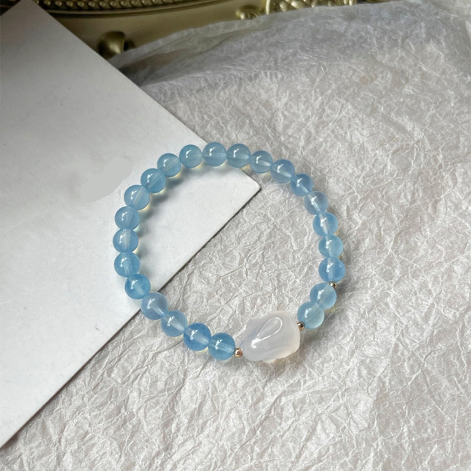 Bracciale in Pietra Acquamarina, Morbidi Cristalli Blu Braccialetti Elasticizzati in Vera Pietra Bracciale con Perline di Cristallo Azzurro per Pace e chiarezza, Gioielli Elastici,6MM