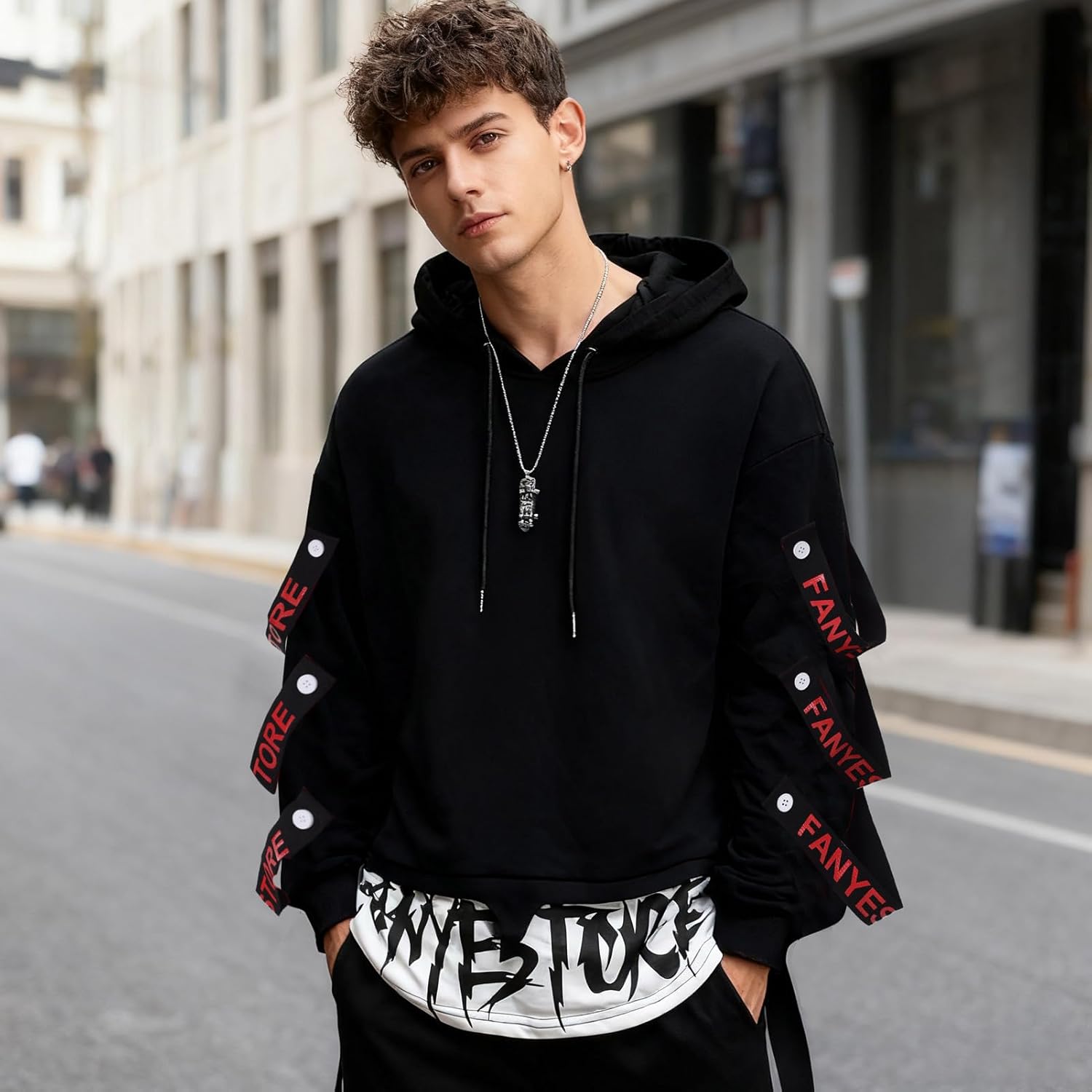 Mens Hoodie Fashion Pullover Letter Print Top Blouse Tracksuits Techwear Patchwork Long Sleeve Hip Hop Sweatshirt - Image 3