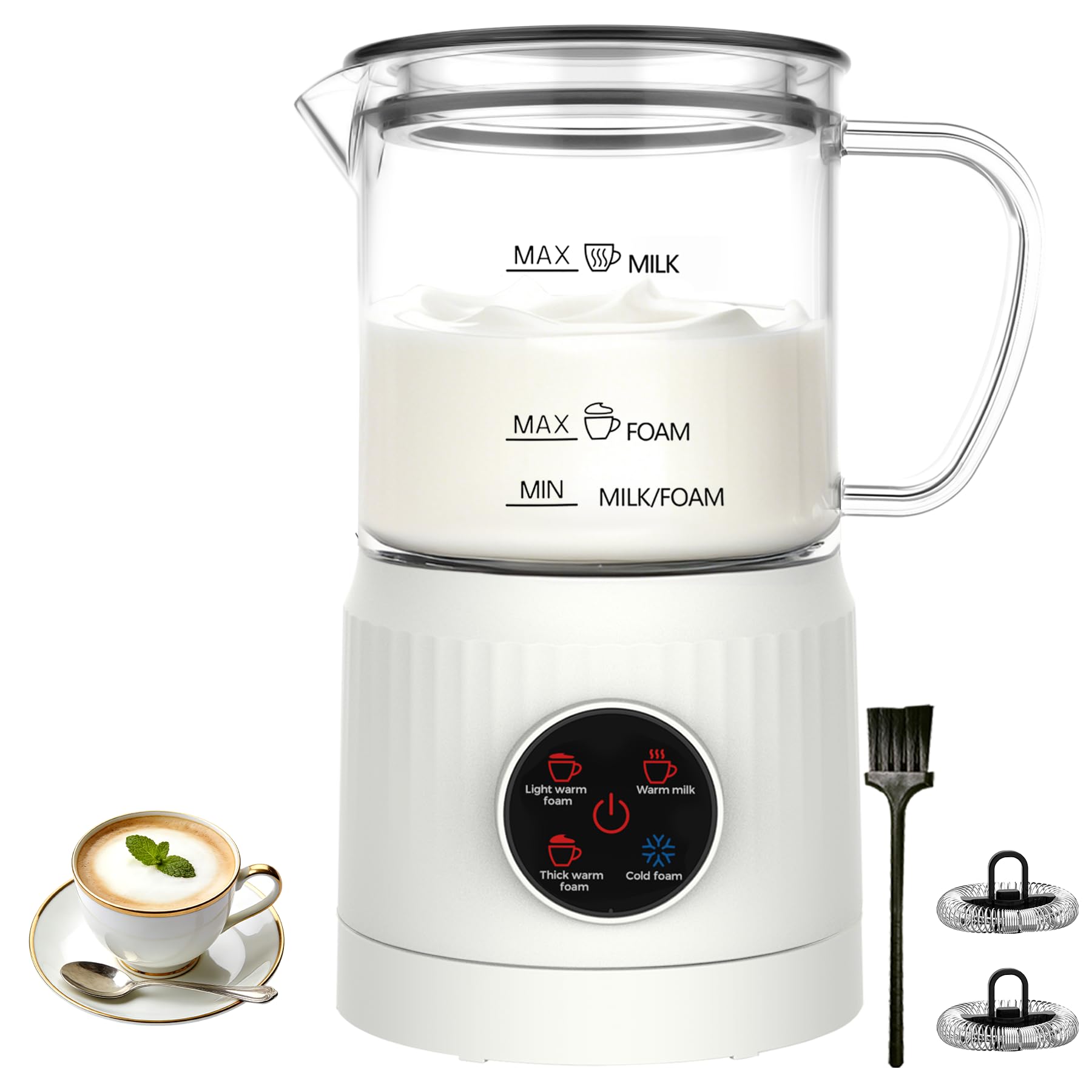 4-in-1 Milk Frother, Electric Milk Frother and Steamer with LED Touch Screen, Ceramic Lining Bottom, Milk Warmer 13.52oz for Lattes, Cappuccinos, and Macchiatos at Home, White