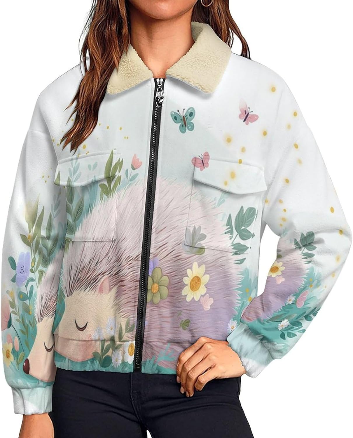 Womens Fuzzy Fleece Jacket with Grassland Hedgehog Printed, Zip Up Lapel Sherpa Lined Coats, Winter Warm Outwear